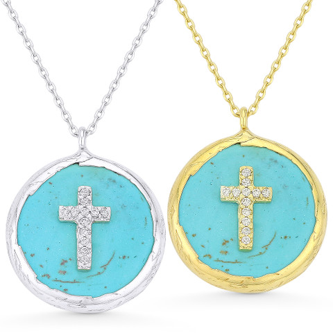 Cross Christian Charm CZ Faux Turquoise .925 Sterling Silver Pendant ...