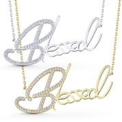"Blessed" Word Script Cubic Zirconia Crystal Pendant & Chain Necklace in .925 Sterling Silver - GN-FN002-SL