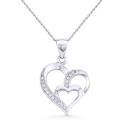 Double-Heart CZ Crystal Pave Pendant & Chain Necklace in .925 Sterling Silver w/ Rhodium - GN-HP012-SLW