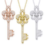 Fleur De Lis Key CZ Crystal Pendant & Chain Necklace in .925 Sterling Silver - SGN-FN011-SL