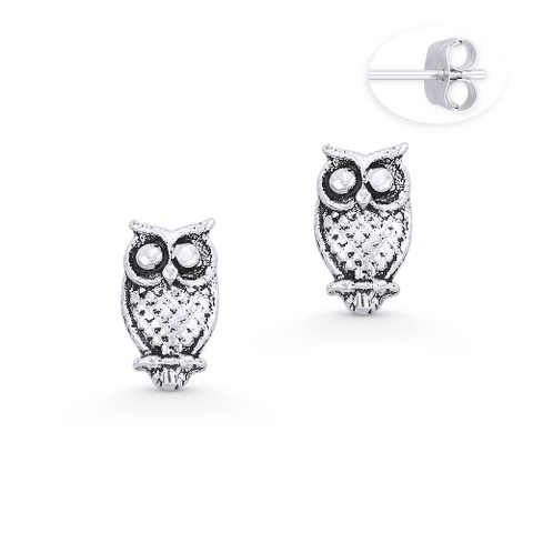 Perched Owl Animal Charm Stud Earrings in Oxidized .925 Sterling Silver ...