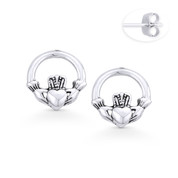 Irish / Celtic Claddagh Heart Charm Stud Earrings in Oxidized .925 Sterling Silver - ST-SE056-SL