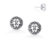 Fleur-De-Lis Flower Charm & Circle Stud Earrings in Oxidized .925 Sterling Silver - ST-SE058-SL