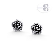 Rose Flower Charm 3D Stud Earrings in Oxidized .925 Sterling Silver - ST-SE059-SL