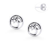 Om Aum Symbol & Circle Stud Earrings in Oxidized .925 Sterling Silver - ST-SE061-SL