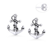 Ship Anchor & Rope Nautical Charm Stud Earrings in Oxidized .925 Sterling Silver - ST-SE067-SL