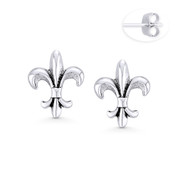 Fleur-De-Lis Flower French Monarchy Charm Stud Earrings in Oxidized .925 Sterling Silver - ST-SE077-SL
