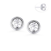 Om Aum Symbol & Double-Circle Stud Earrings in Oxidized .925 Sterling Silver - ST-SE079-SL