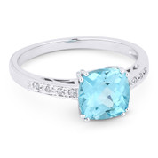 1.74ct Cushion Cut Blue Topaz & Round Cut Diamond Engagement / Promise Ring in 14k White Gold