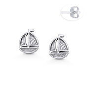 Sailing Yacht / Sailboat Nautical Charm Stud Earrings in Oxidized .925 Sterling Silver - ST-SE107-SL