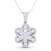 0.90ct Round Cut Diamond Pave Flower Pendant in 18k White Gold & 14k Chain Necklace - AM-DN3904