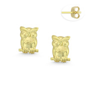 Perched Owl Charm Stamping Stud Earrings with Push-Back Posts in 14k Yellow Gold - BD-ES015-14Y