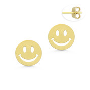 Smiley Face Emoji Flat 9mm Round Stud Earrings with Push-Back Posts in 14k Yellow Gold - BD-ES024-14Y