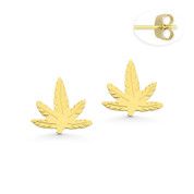 Marijuana Leaf Charm 9mmx9mm Flat Stud Earrings with Push-Back Posts in 14k Yellow Gold - BD-ES027-14Y