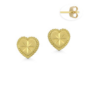 Flat Heart Charm w/ D-Cut Etching & Ribbed Outline Push-Back Stud Earrings in Matte-Finished 14k Yellow Gold - BD-ES040-14Y