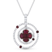 1.30ct Ruby & Diamond Circle & Flower Pendant in 18k White Gold w/ 14k Chain Necklace - AM-DN4705