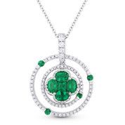 0.99ct Emerald & Diamond Circle & Flower Pendant in 18k White Gold w/ 14k Chain Necklace - AM-DN4762