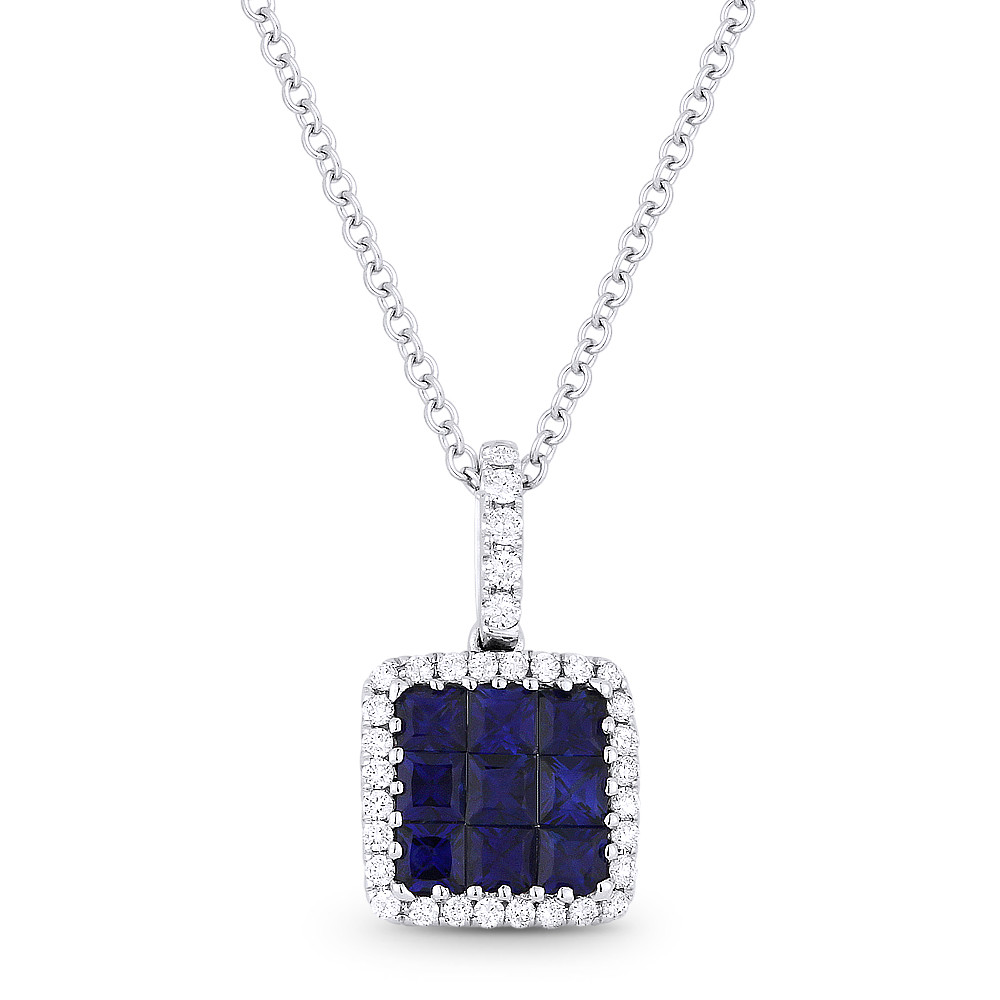 0.65ct Princess Cut Sapphire & Round Diamond Pave Pendant & Chain ...