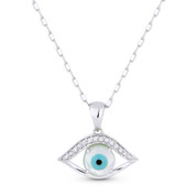 Evil Eye Mother-of-Pearl Luck Charm 925 Sterling Silver Necklace Pendant 19x11mm