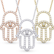 Hamsa Hand Evil Eye Charm Pendant w/ CZ Crystal & Chain Necklace in .925 Sterling Silver - HHN-005-SL