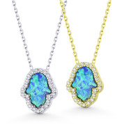 Hamsa Hand Lab-Created Opal & CZ Crystal Pendant & Necklace in .925 Sterling Silver - EYESN92-OpBlue1CZ-SL