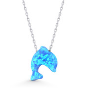 Lab-Created Opal Dolphin Animal Sealife Charm Pendant & Chain Necklace in .925 Sterling Silver - SGN-FN047-OpBlue1CZ-SL