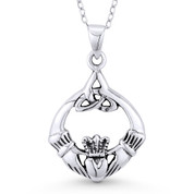 Irish Claddagh, Heart, & Celtic Triquetra Knot Charm w/ Chain Necklace in Oxidized .925 Sterling Silver - ST-FP067-SLO