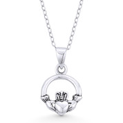 Irish Claddagh & Heart Celtic Luck Charm w/ Chain Necklace in Oxidized .925 Sterling Silver - ST-FP068-SLO