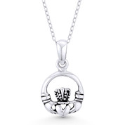 Irish Claddagh & Heart Celtic Luck Charm w/ Chain Necklace in Oxidized .925 Sterling Silver - ST-FP077-SLO