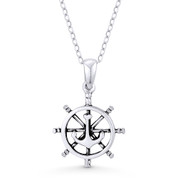 Ship's Helm & Anchor Sailor's Luck Charm Pendant & Chain Necklace in Oxidized .925 Sterling Silver - ST-FP078-SLO