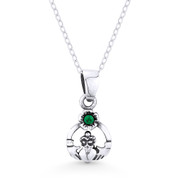 Irish Claddagh, Heart, & Flower w/ CZ Crystal Irish Pendant & Necklace in Oxidized .925 Sterling Silver -  ST-FP081-EmeCZ-SLO