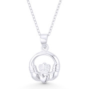 Irish Claddagh & Heart Celtic Luck Charm w/ Chain Necklace in .925 Sterling Silver -  ST-FP082-SLP