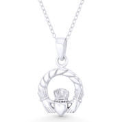 Irish Claddagh & Heart Celtic Luck Charm w/ Chain Necklace in .925 Sterling Silver - ST-FP083-SLP