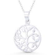 Vine w/ Leaf Tree Circle Charm Plantlife Pendant & Chain Necklace in .925 Sterling Silver - ST-FP084-SLP