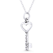 Key w/ Heart Bow Love Charm Pendant & Chain Necklace in Oxidized .925 Sterling Silver - ST-FP086-SLO