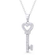 Heart Bow Key CZ Crystal Love Charm Pendant & Chain Necklace in .925 Sterling Silver - ST-FP088-DiaCZ-SLP