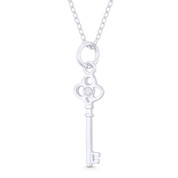 Trefoil Clover Bow CZ Crystal Key Charm Pendant & Chain Necklace in .925 Sterling Silver - ST-FP089-DiaCZ-SLP