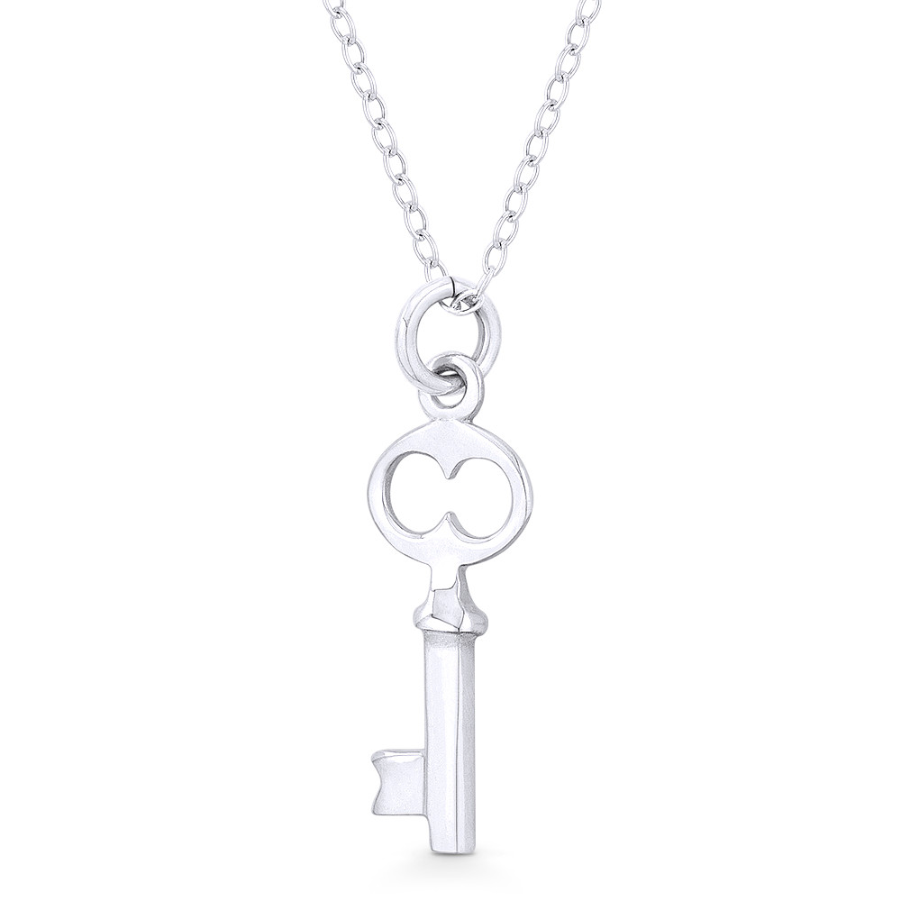 Heart Bow Skeleton Key Love Charm Oxidized .925 Sterling Silver Necklace Pendant