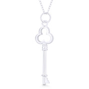 Trefoil Clover Bow Skeleton Key Love Charm Pendant & Chain Necklace in .925 Sterling Silver - ST-FP092-SLP