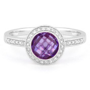 1.50ct Checkerboard Amethyst & Round Cut Diamond Pave Halo-Design Ring in 14k White Gold