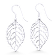 Polished Open Leaf Charm Dangling Hook Earrings in .925 Sterling Silver - ST-DE011-SL