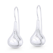 1.3" Long D-Cut Pave Detailed Hollow Tear-Drop Hook Earrings in .925 Sterling Silver - ST-DE016-SL