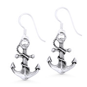 Ship Anchor & Rope Nautical Charm Dangling Hook Earrings in Oxidized .925 Sterling Silver - ST-DE021-SL