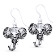 Elephant Head Animal Charm Dangling Hook Earrings in Oxidized .925 Sterling Silver - ST-DE023-SL