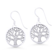 Tree-of-Life Religious Charm Dangling Hook Earrings in .925 Sterling Silver - ST-DE024-SL