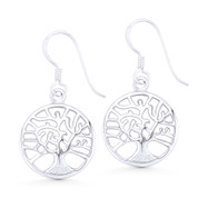 Tree-of-Life Religious Charm Dangling Hook Earrings in .925 Sterling Silver - ST-DE025-SL