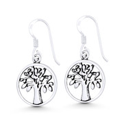 Tree-of-Life Religious Charm Dangling Hook Earrings in Oxidized .925 Sterling Silver - ST-DE029-SL