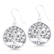 Tree-of-Life Religious Charm Dangling Hook Earrings in Oxidized .925 Sterling Silver - ST-DE033-SL