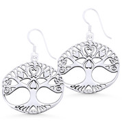 Tree-of-Life Religious Charm Dangling Hook Earrings in Oxidized .925 Sterling Silver -  ST-DE034-SL
