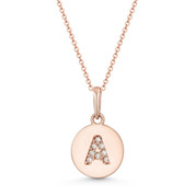 Initial Letter "A" Cubic Zirconia Crystal Round Disc Pendant in Solid 14k Rose Gold -  BD-IP1-A-DiaCZ-14R